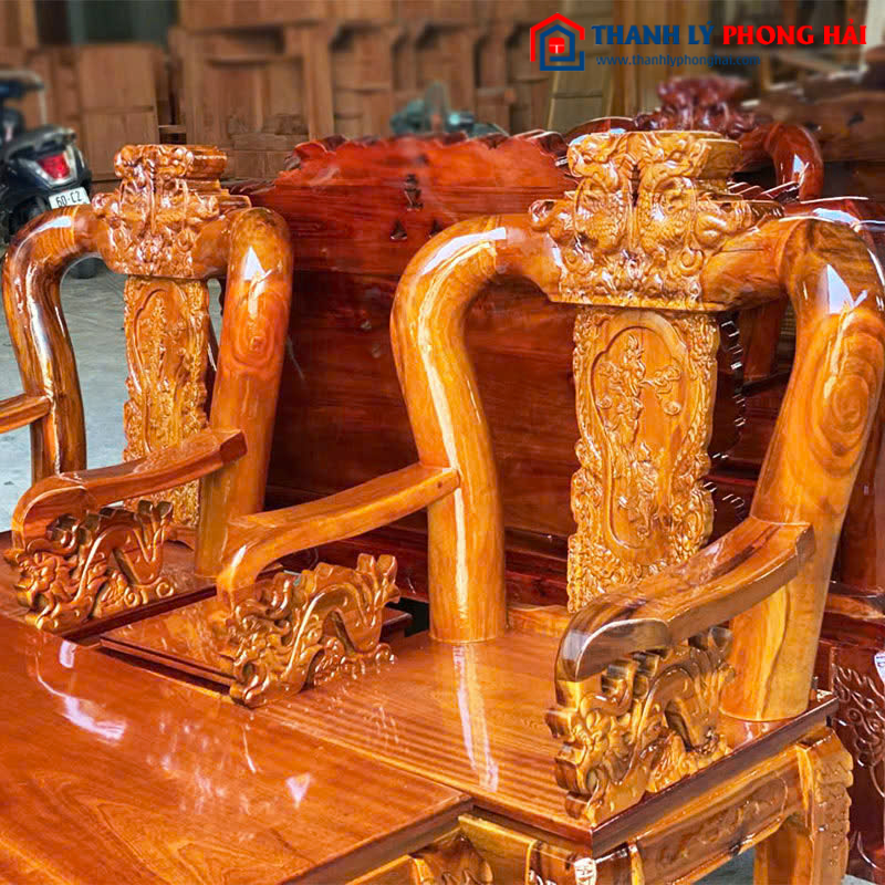 Salon Gỗ Tay 12 Chạm Đỉnh Rồng Lưng Tấm Mới 99%