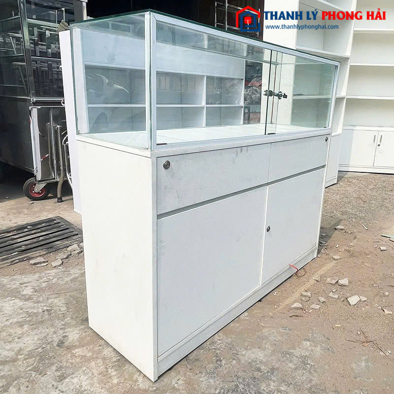 Tủ Trưng Bày Kính 1m2 Gỗ Màu Trắng Cũ