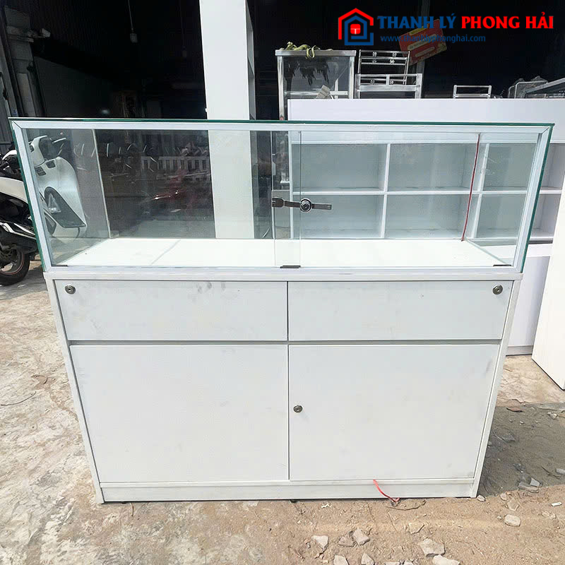 Tủ Trưng Bày Kính 1m2 Gỗ Màu Trắng Cũ