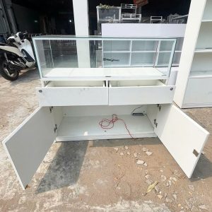 Tủ Trưng Bày Kính 1m2 Gỗ Màu Trắng Cũ