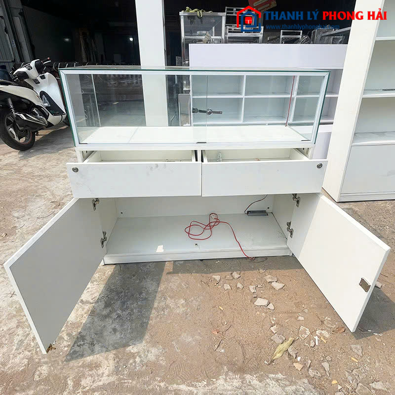 Tủ Trưng Bày Kính 1m2 Gỗ Màu Trắng Cũ