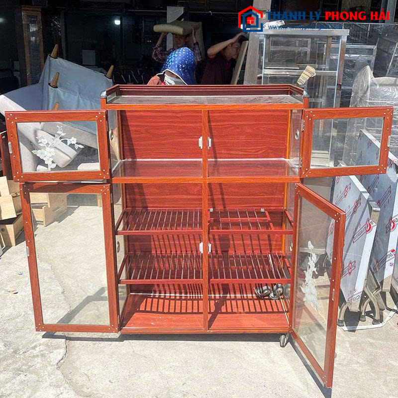 Tủ Chén Nhôm Vân Gỗ Cánh Kính 94cm Cũ