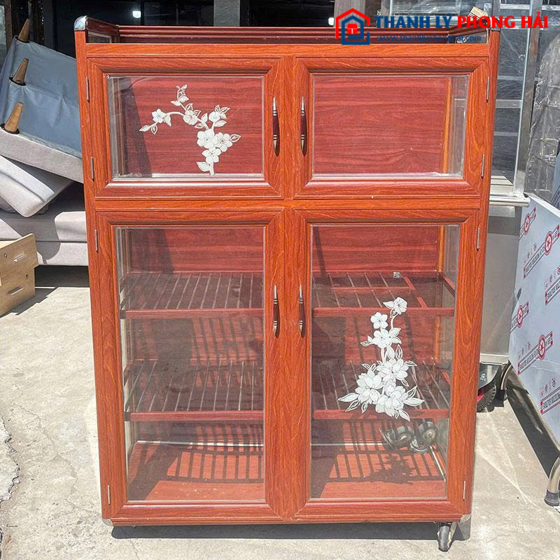 Tủ Chén Nhôm Vân Gỗ Cánh Kính 94cm Cũ