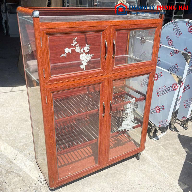 Tủ Chén Nhôm Vân Gỗ Cánh Kính 94cm Cũ