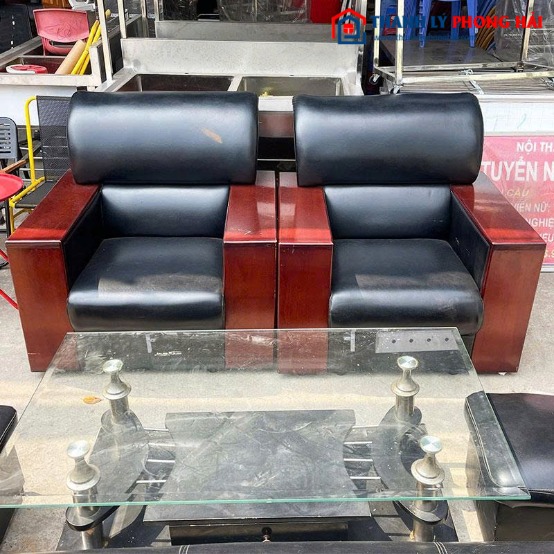 Bộ Sofa Da 1m9 Tay Ốp Gỗ Cũ