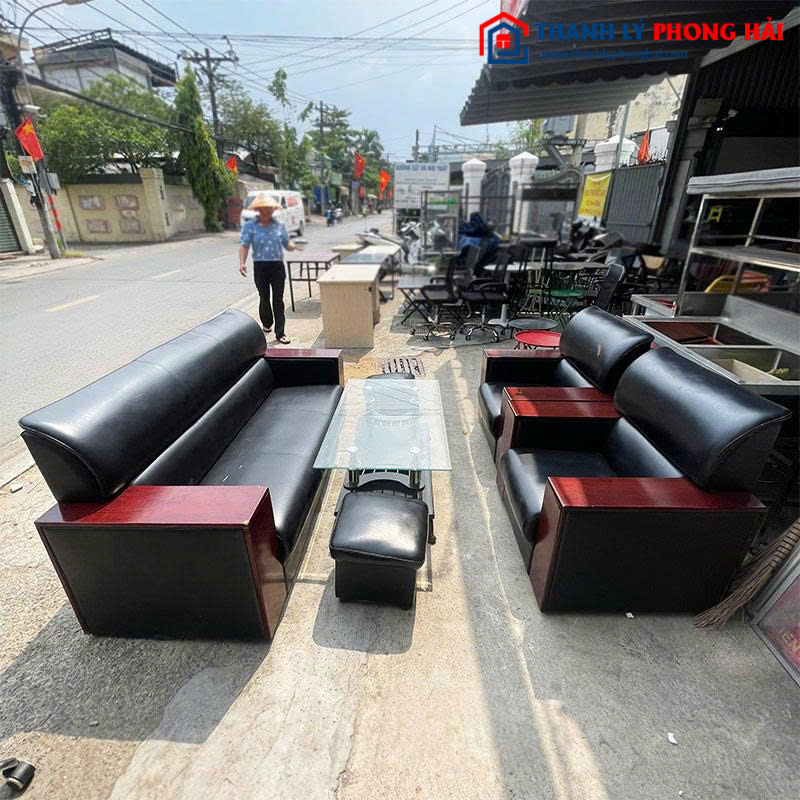 Bộ Sofa Da 1m9 Tay Ốp Gỗ Cũ