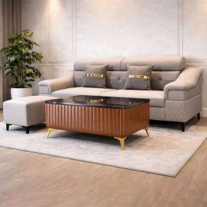 Bộ Sofa Da Xám Kèm Đôn Góc L Và Bàn Trà Mới 99%