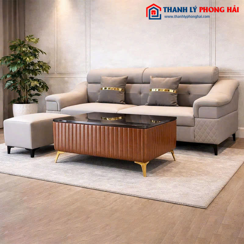 Bộ Sofa Da Xám Kèm Đôn Góc L Và Bàn Trà Mới 99%