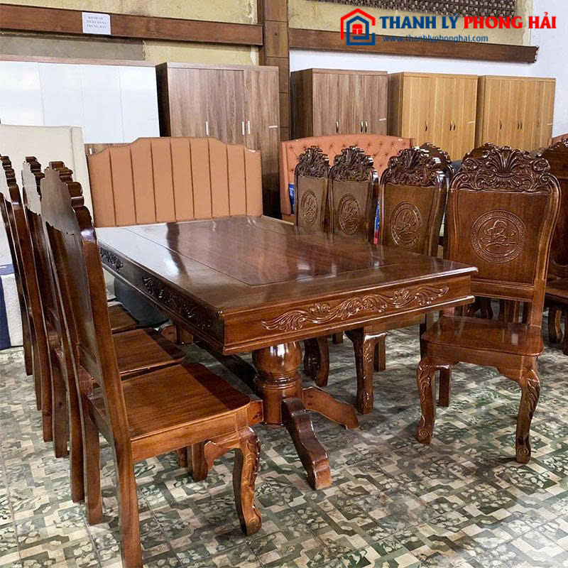 Bộ Bàn Ăn Gỗ Tự Nhiên Chân Trụ 8 Ghế Sang Trọng Mới 99%