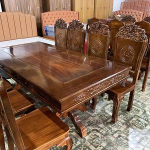 Bộ Bàn Ăn Gỗ Tự Nhiên Chân Trụ 8 Ghế Sang Trọng Mới 99%