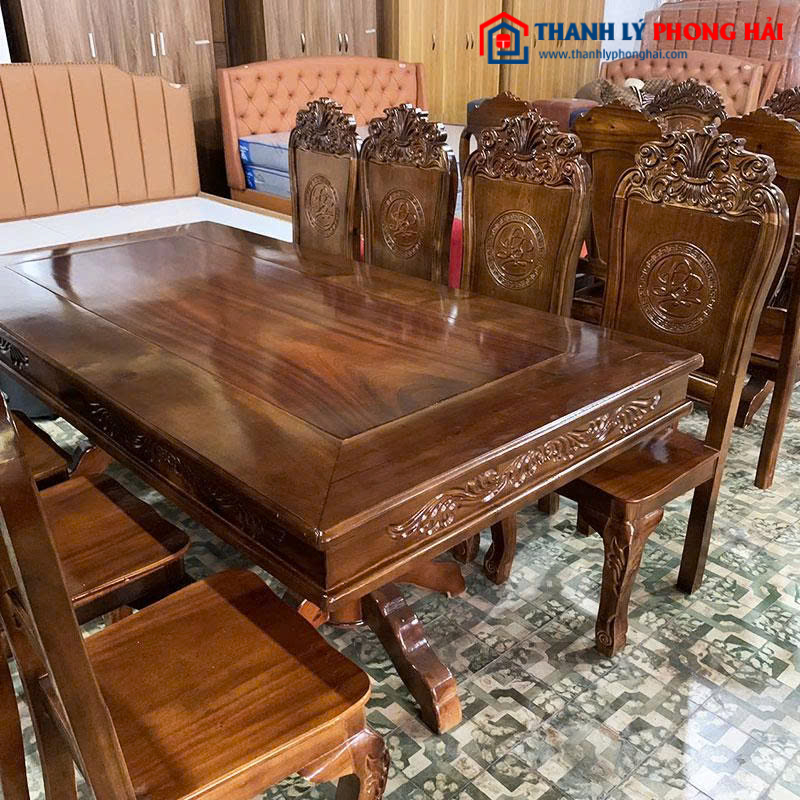 Bộ Bàn Ăn Gỗ Tự Nhiên Chân Trụ 8 Ghế Sang Trọng Mới 99%