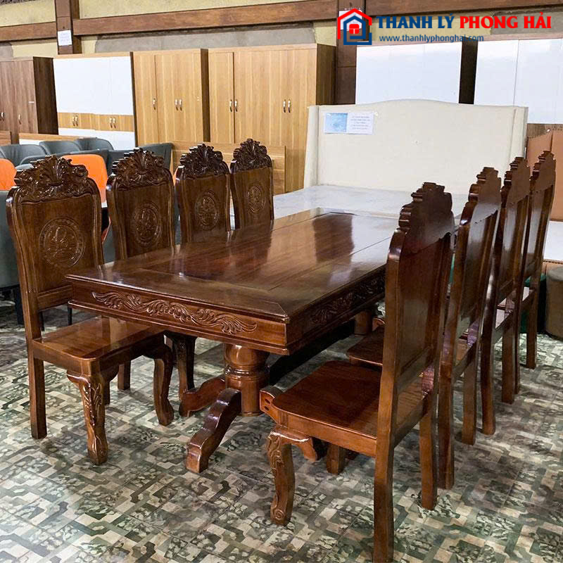 Bộ Bàn Ăn Gỗ Tự Nhiên Chân Trụ 8 Ghế Sang Trọng Mới 99%