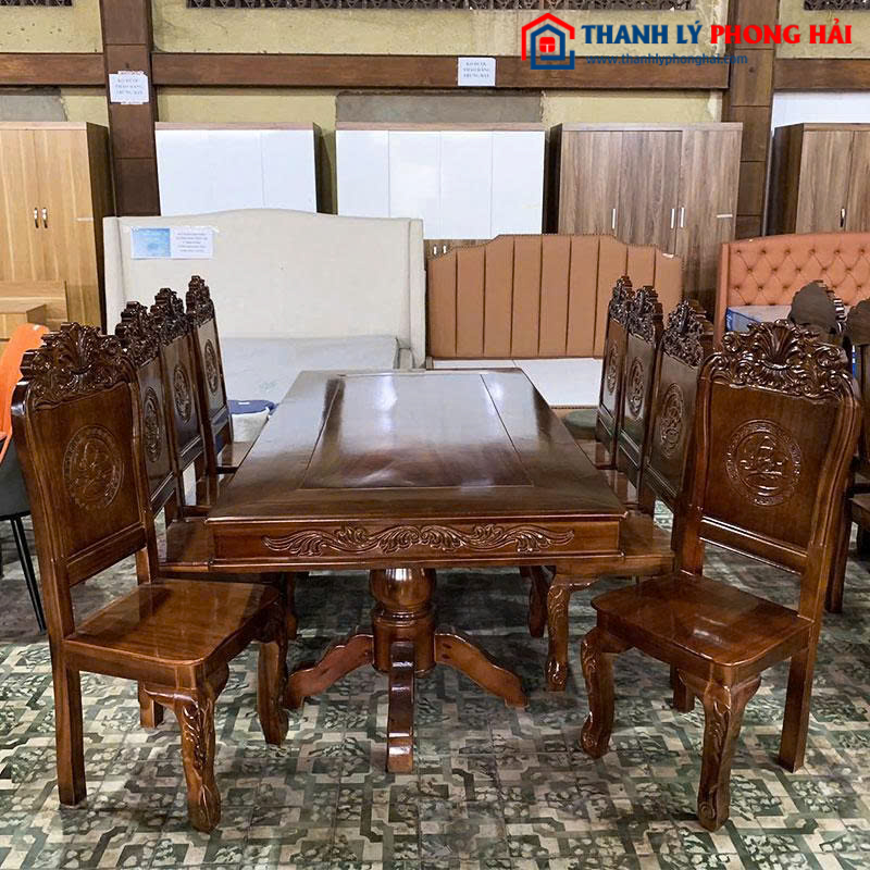 Bộ Bàn Ăn Gỗ Tự Nhiên Chân Trụ 8 Ghế Sang Trọng Mới 99%
