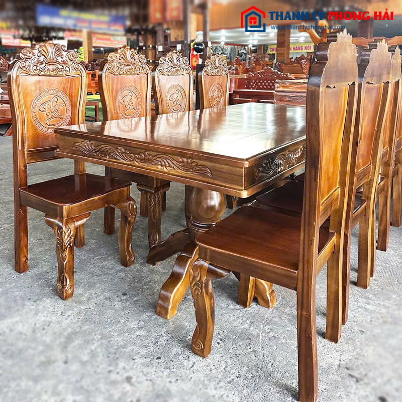 Bộ Bàn Ăn Gỗ Tự Nhiên Chân Trụ 8 Ghế Sang Trọng Mới 99%