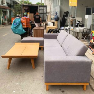 Bộ Sofa Bọc Vải Bố Màu Xám 3m2 Cũ Kèm Bàn Gỗ