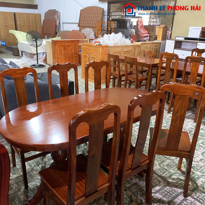 Bộ Bàn Ăn Oval 6 Ghế Gỗ Tự Nhiên Mới 99%