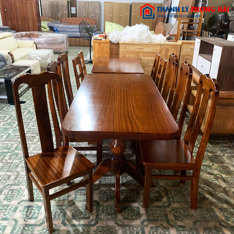 Bộ Bàn Ăn Oval 6 Ghế Gỗ Tự Nhiên Mới 99%