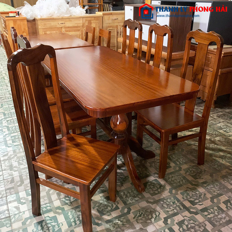 Bộ Bàn Ăn Oval 6 Ghế Gỗ Tự Nhiên Mới 99%