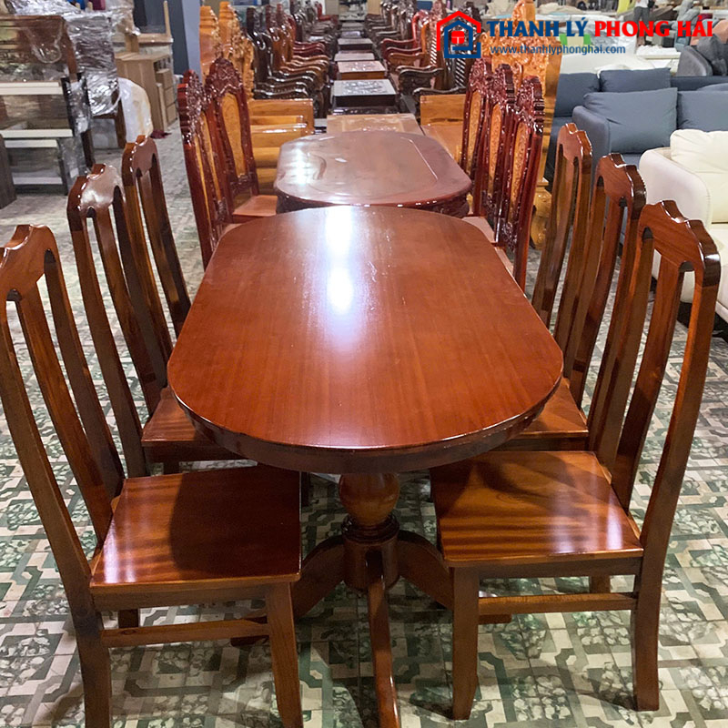 Bộ Bàn Ăn Oval 6 Ghế Gỗ Tự Nhiên Mới 99%