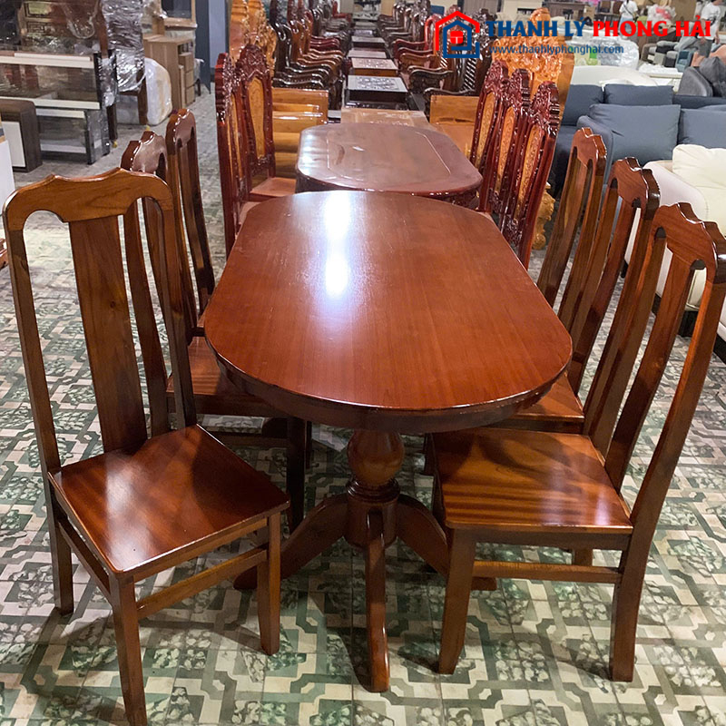 Bộ Bàn Ăn Oval 6 Ghế Gỗ Tự Nhiên Mới 99%