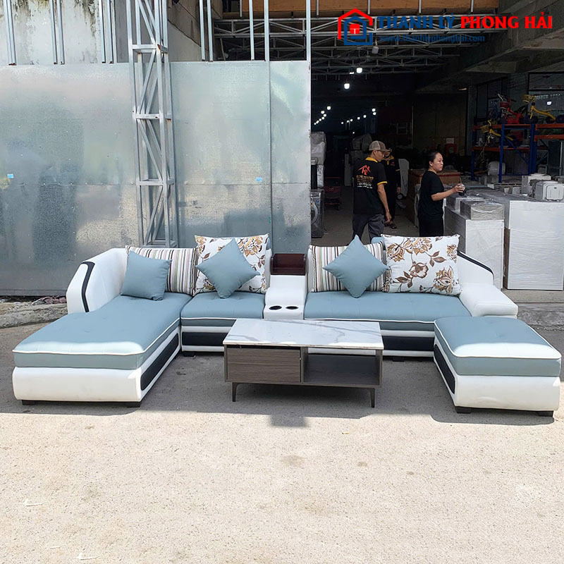 Bộ Sofa Góc L 3m3 Kèm Bàn Màu Xanh Cũ