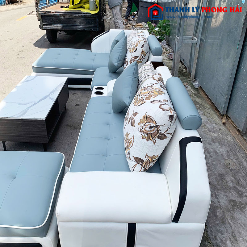 Bộ Sofa Góc L 3m3 Kèm Bàn Màu Xanh Cũ