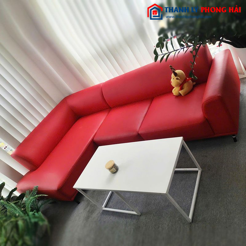 Bộ Sofa Góc L Bọc Da Màu Đỏ Cũ