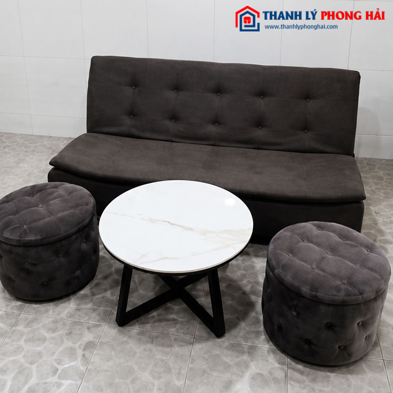 Bộ Sofa Kèm Đôn Bọc Vải Xám Cũ