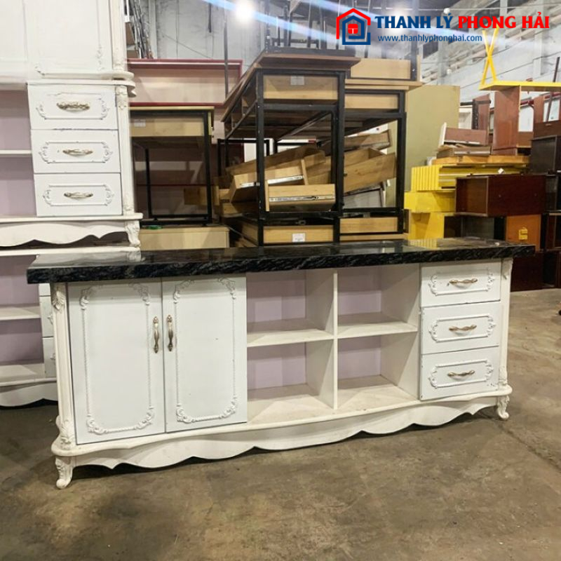 Kệ Tivi Tân Cổ Điển Mặt Đá Phối Gỗ Trắng 2m05 Cũ