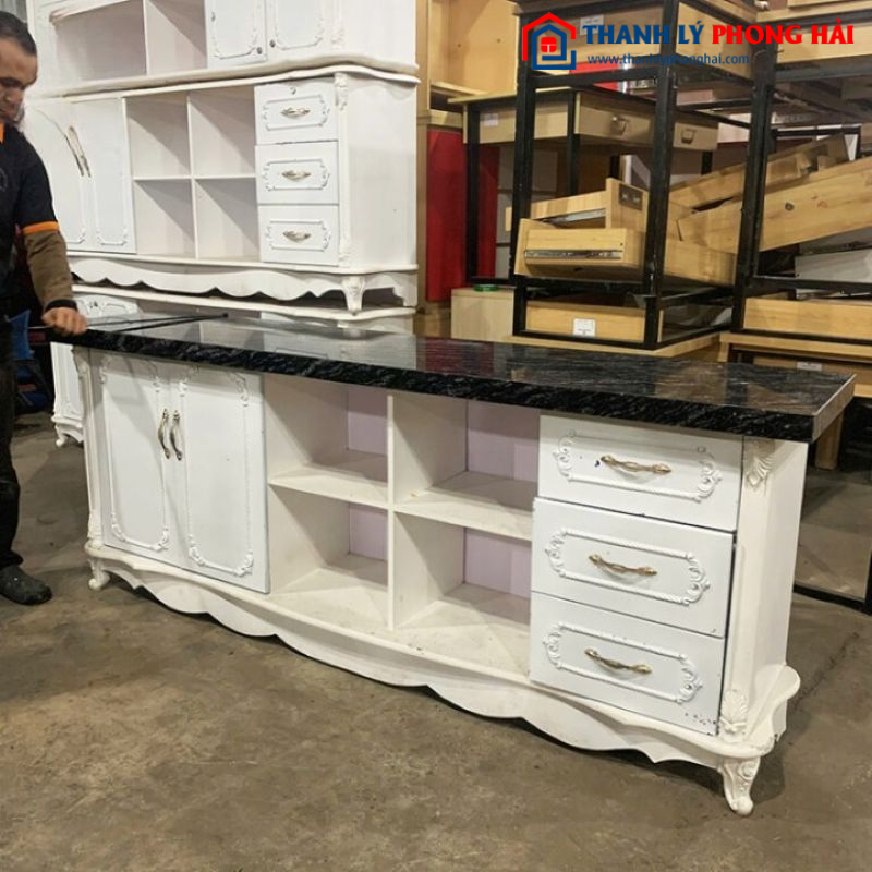 Kệ Tivi Tân Cổ Điển Mặt Đá Phối Gỗ Trắng 2m05 Cũ