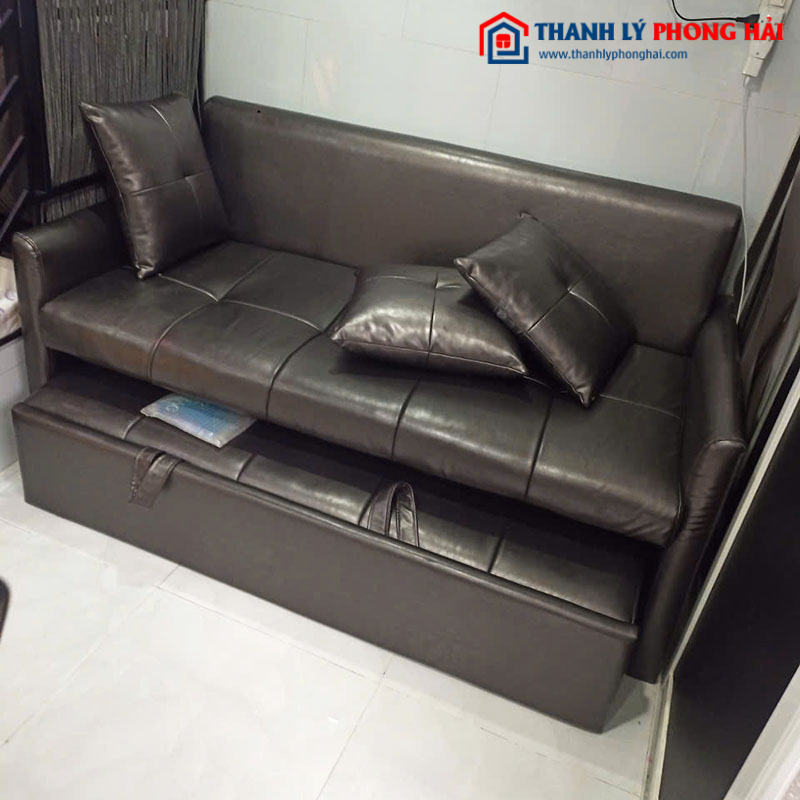 Sofa Giường Bọc Da Đen 1m76 Cũ