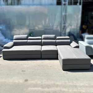 Băng Sofa Góc L Bọc Da Màu Xám Chân Sắt Cũ