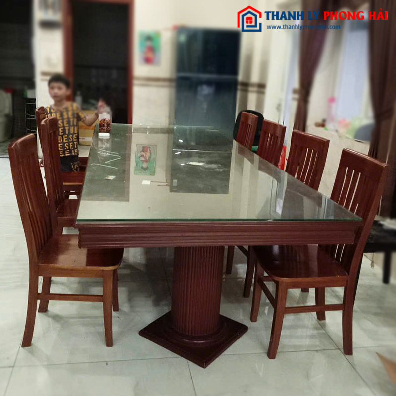 Bộ Bàn Ăn 8 Ghế Gỗ Tự Nhiên Mặt Kính Cũ
