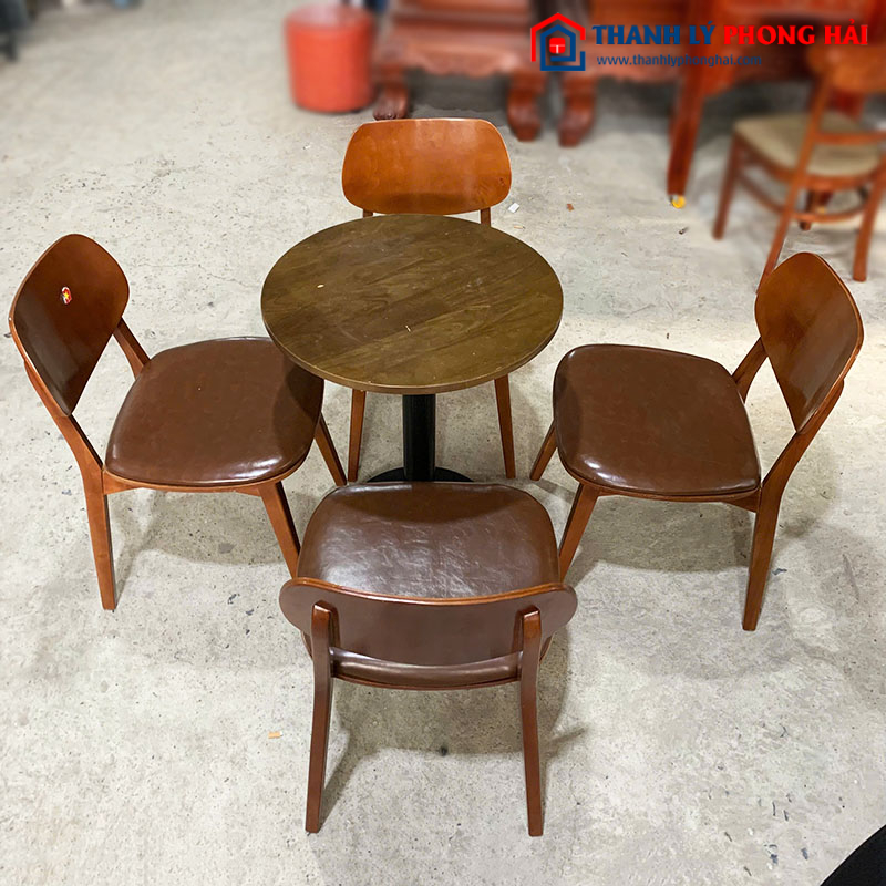 Bộ Bàn Ghế Cafe Gỗ Tự Nhiên 4 Ghế Bọc Nệm Cũ