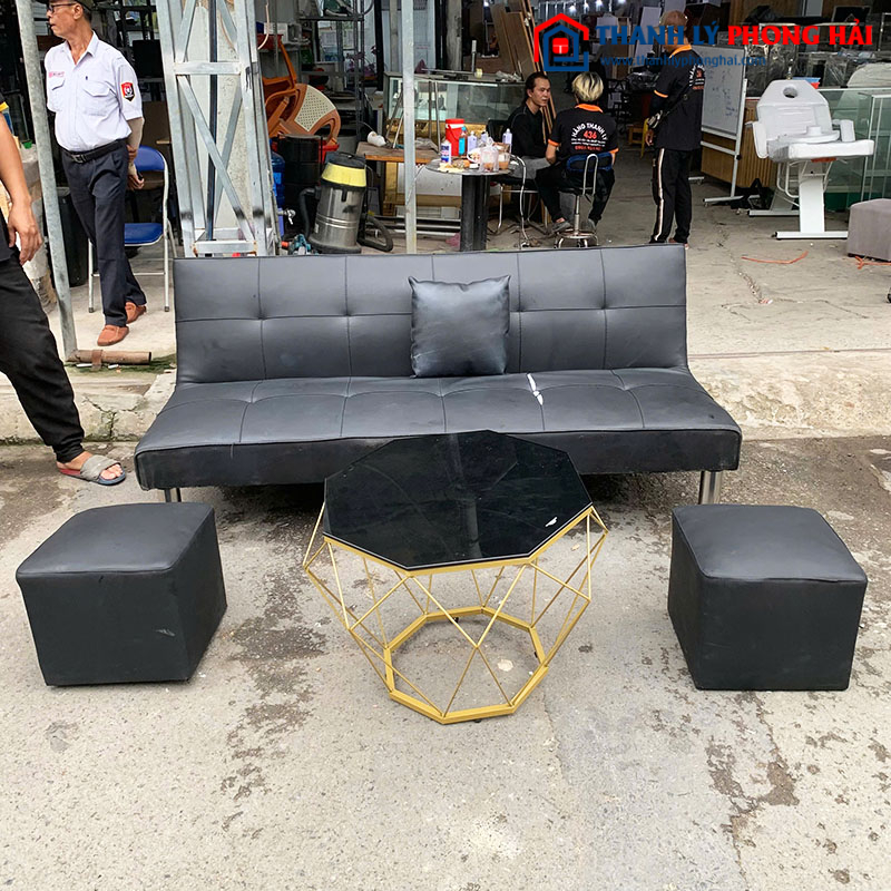 Bộ Sofa Bed Bọc Da Đen Kèm Bàn Và Đôn Cũ