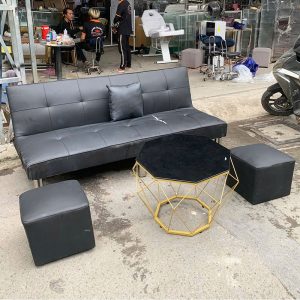 Bộ Sofa Bed Bọc Da Đen Kèm Bàn Và Đôn Cũ