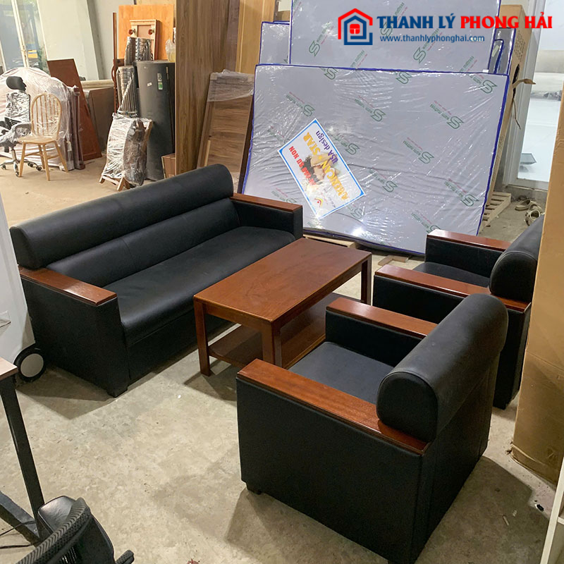 Bộ Sofa Tay Gỗ Bọc Đệm Da Đen Cũ