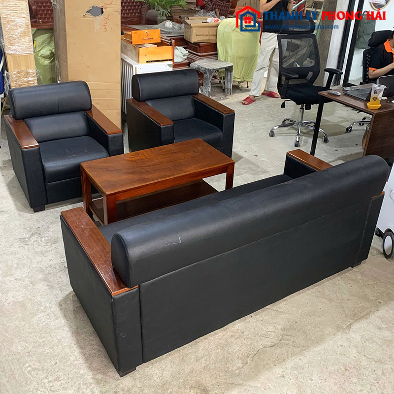 Bộ Sofa Tay Gỗ Bọc Đệm Da Đen Cũ