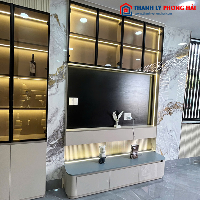 Hệ Kệ Tivi Kèm Tủ Trưng Bày Gỗ Có Led Mới 99%