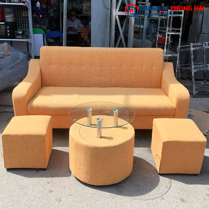 Sofa Băng Bọc Vải Kèm Bàn Kính Và Đôn Cũ