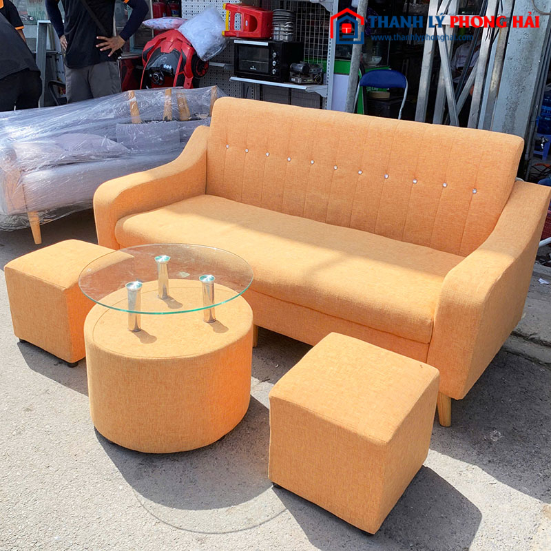Sofa Băng Bọc Vải Kèm Bàn Kính Và Đôn Cũ