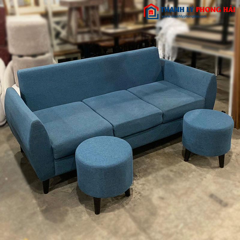 Bộ Sofa Băng Bọc Vải Xanh Kèm 2 Đôn Cũ