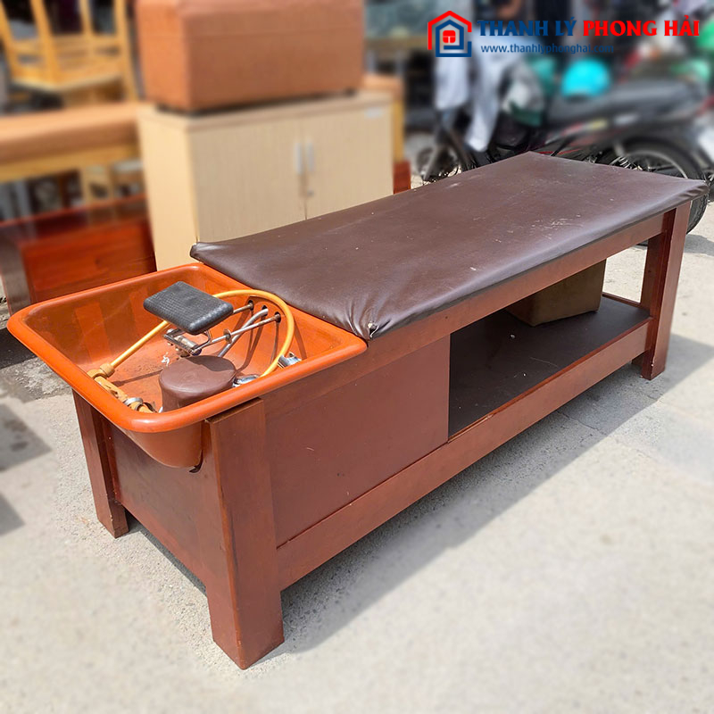 Giường Gội Đầu Khung Gỗ Đêm Da Nâu Cũ