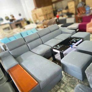 Sofa Góc L Bọc Vải Xám Kèm 3 Đôn Cũ