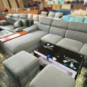 Sofa Góc L Bọc Vải Xám Kèm 3 Đôn Cũ