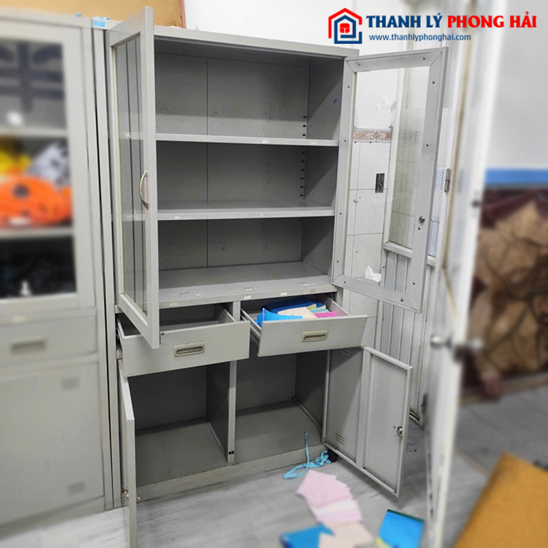 Tủ Hồ Sơ Sắt 2 Cánh Kính Nhiều Tầng Cũ
