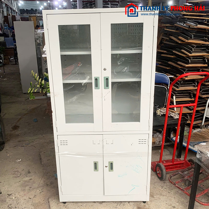 Tủ Hồ Sơ Sắt 4 Cánh Kết Hợp Kính Cũ