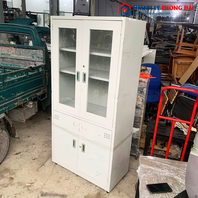 Tủ Hồ Sơ Sắt 4 Cánh Kết Hợp Kính Cũ