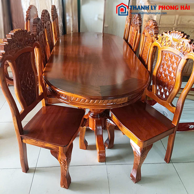 Bộ Bàn Ăn Cổ Điển Gỗ Tự Nhiên 8 Ghế Mới 99%