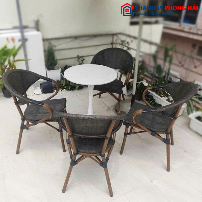 Bộ Bàn Ghế Cafe Mây Chân Sắt Cũ